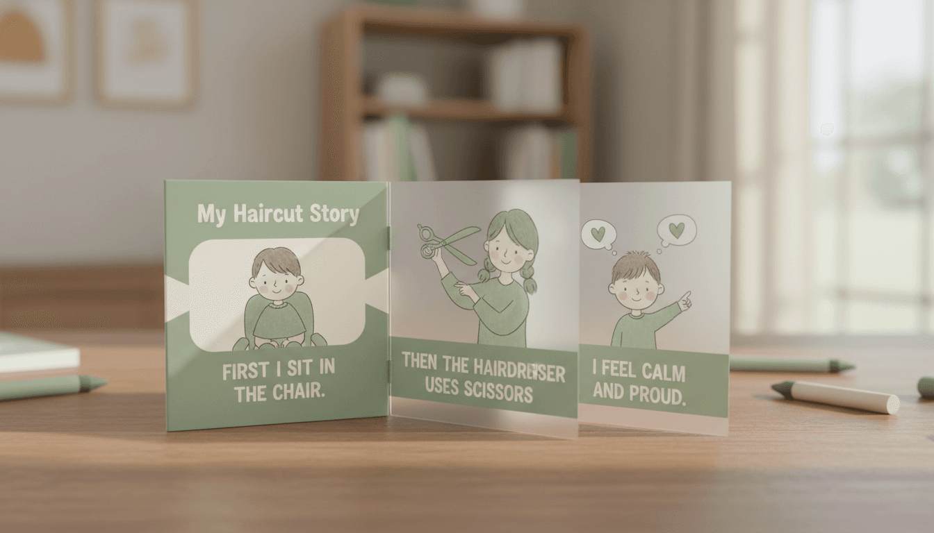 First/then social story booklet about a haircut on a wooden desk