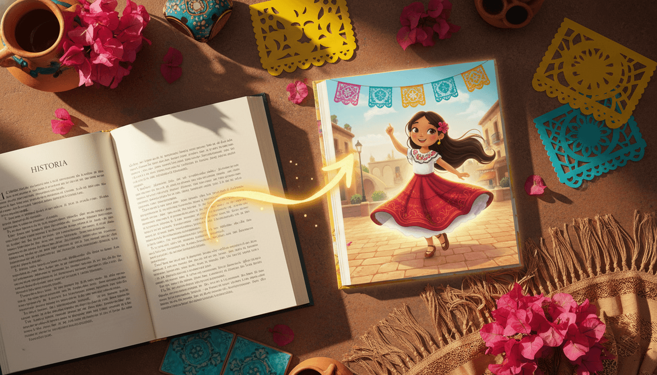 A Spanish novel transforming into a beautifully illustrated bilingual picture book featuring a young Latina dancer in a red embroidered dress on a sun-drenched plaza