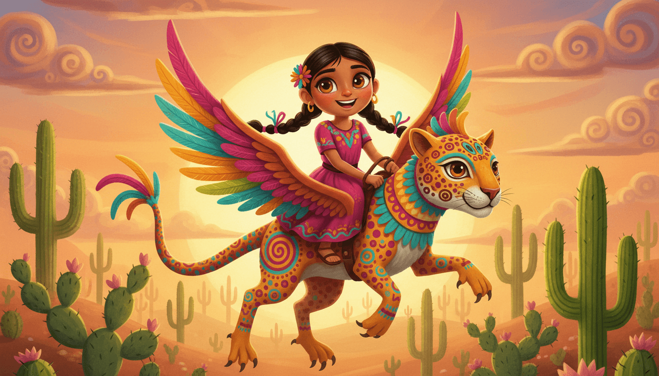 Children picture book illustration in alebrije Mexican folk-art style: a bright-eyed young Latina girl with braided hair in a colorful huipil riding a magnificent rainbow alebrije creature over a cactus desert at golden hour