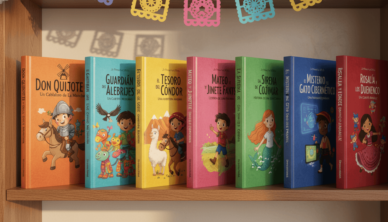 A bookshelf of bright bilingual Spanish-English illustrated picture books each adapted from a different Spanish-language story — Don Quijote kid edition, a Mexican alebrije folktale, a Peruvian Andean adventure, an Argentine pampas tale, a Cuban island story