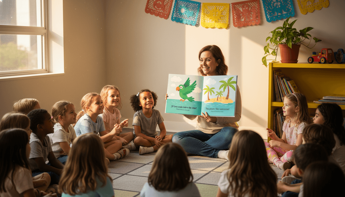 A Spanish-language teacher holding up a printed Spanish-English bilingual picture book to a half-circle of attentive students — the open page shows a cartoon parrot flying over a turquoise Caribbean sea with bilingual text