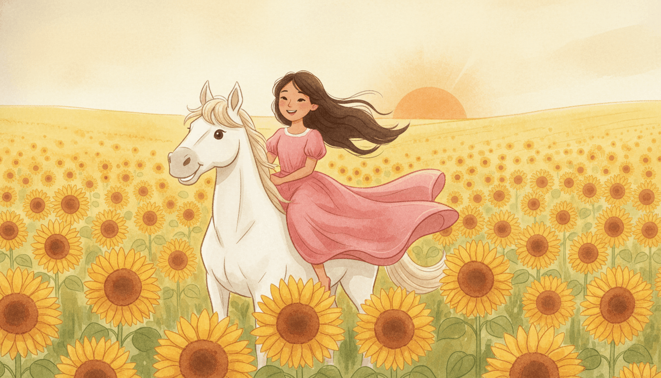 Children picture book illustration in soft Spanish watercolor style: a young Latina girl in a flowing rose-pink dress riding a white horse through golden Andalusian sunflower fields at golden hour