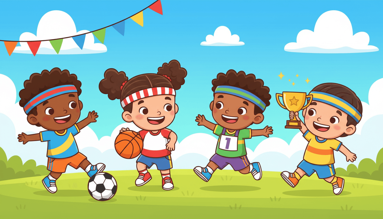 Happy diverse little kids playing different sports together on a sunny field — soccer, basketball, running and holding a golden trophy — in an AI-generated sports story