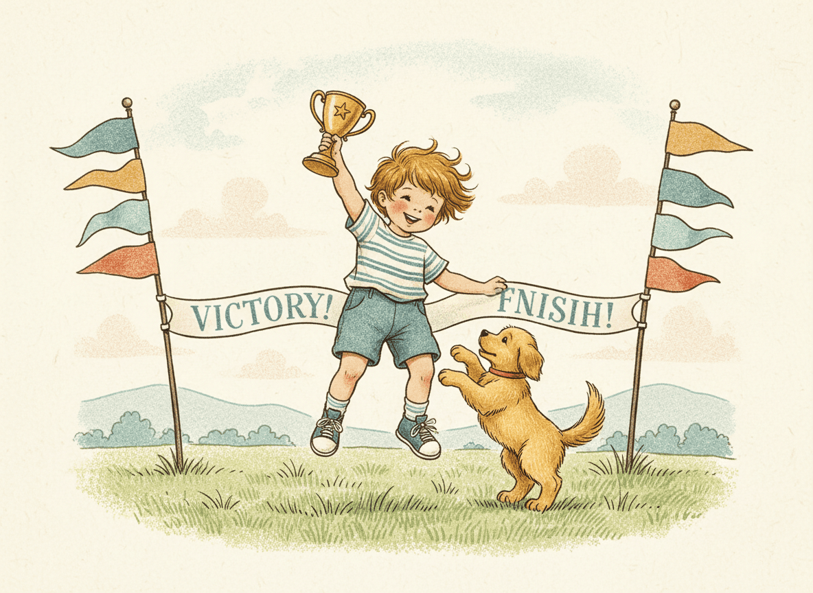 Classic storybook style illustration of a sweet little athlete celebrating with a small trophy and a friendly puppy on a grassy field