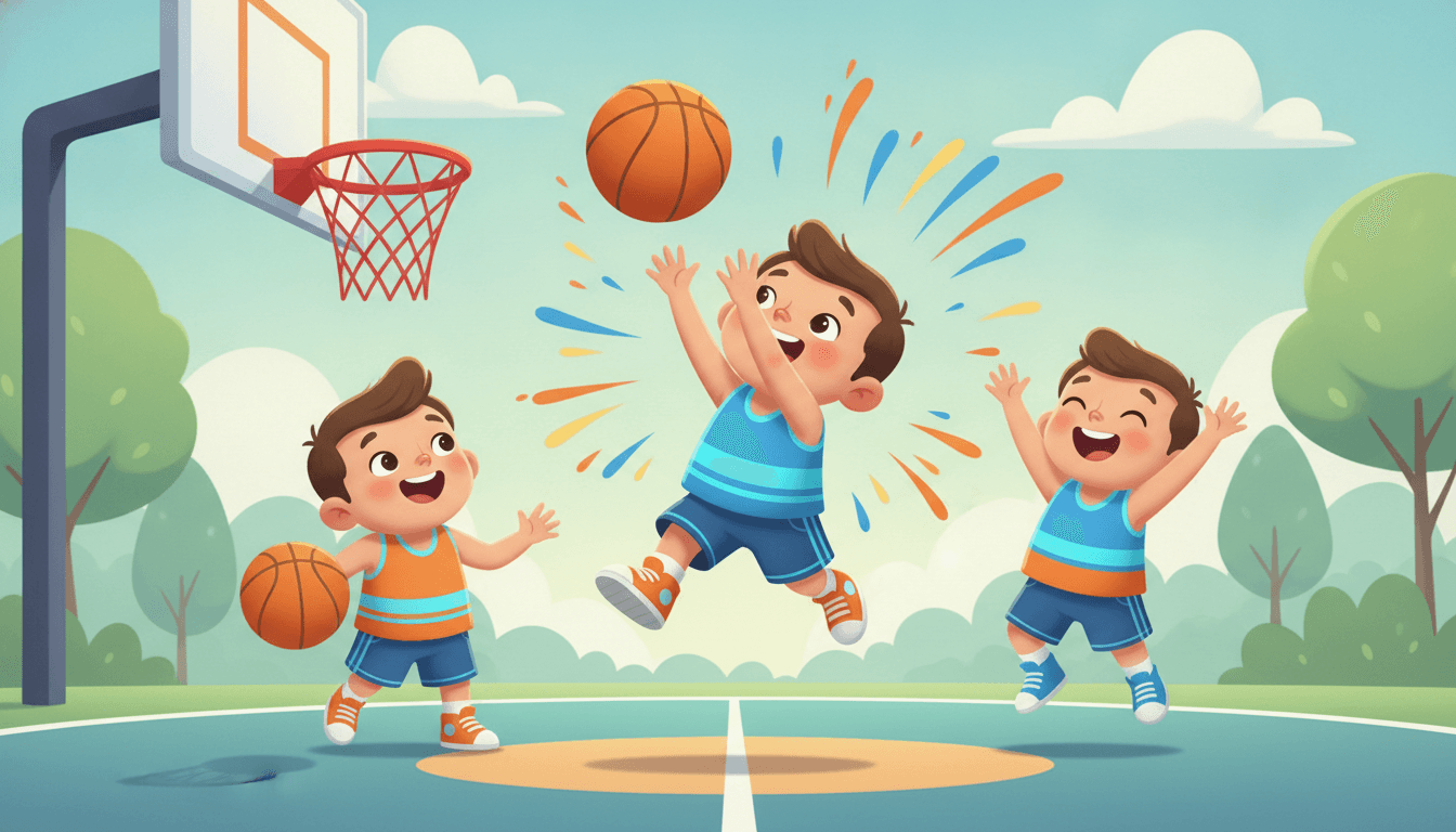 Happy little kids playing basketball on an outdoor court, one mid-jump shooting at the hoop while teammates dribble and cheer