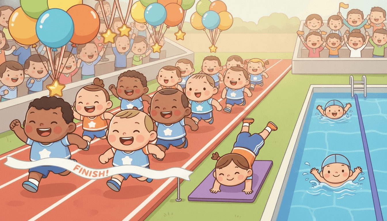 A fun sports day with little kids racing on a track toward a finish ribbon, a cartwheel on a gymnastics mat, and a swimmer in a bright pool