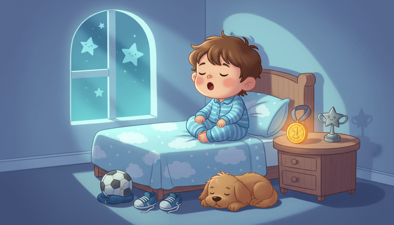 A sleepy little athlete in pajamas at bedtime with a medal and trophy on the nightstand and a puppy asleep nearby