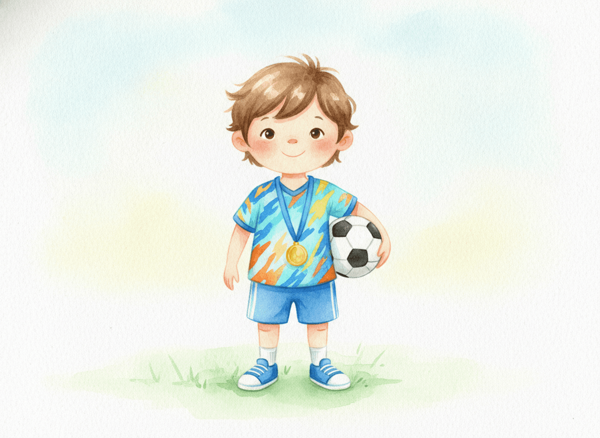 Watercolor style sports story illustration of a gentle little athlete in a team jersey holding a soccer ball with a medal around their neck