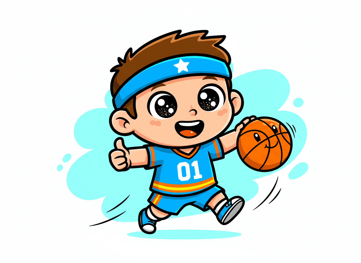 Cartoon style sports story illustration of a happy little athlete in a jersey and headband bouncing a basketball and giving a thumbs-up