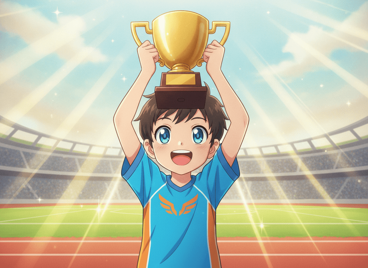 Anime style sports story illustration of an enthusiastic kid athlete proudly holding up a golden trophy in a sunny stadium