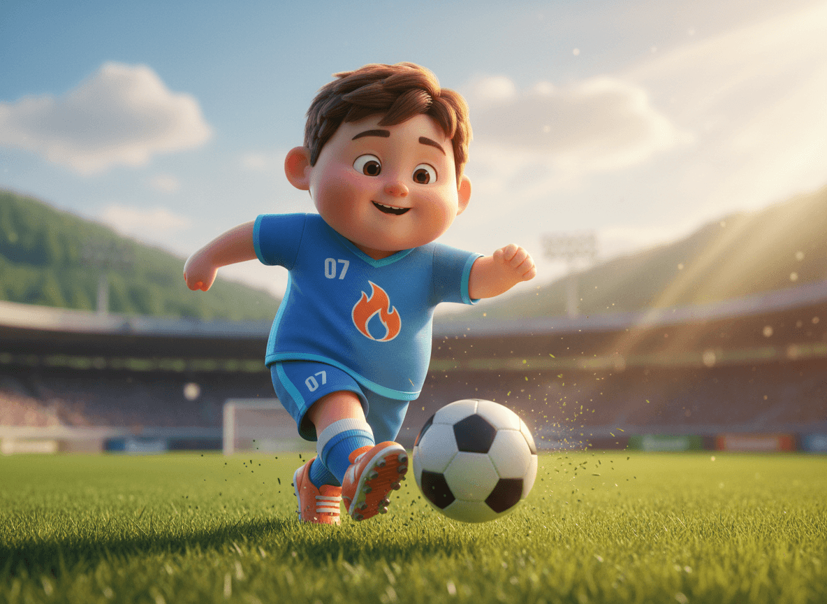 Cinematic 3D style sports story illustration of an adorable little athlete mid-stride kicking a soccer ball on a sunny field