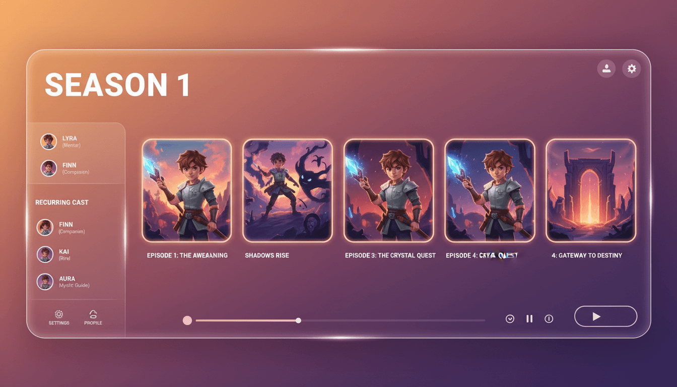 AI story series generator dashboard showing a Season 1 with episode covers that all share the same recurring hero