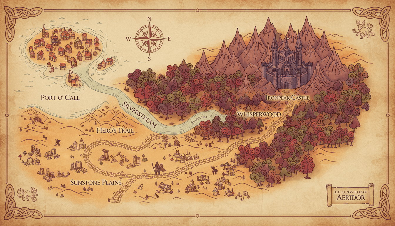 An illustrated map of a recurring story world where a whole series of adventures takes place