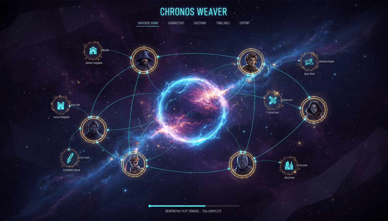 AI story universe builder dashboard with a central world and orbiting recurring characters linked to connected stories
