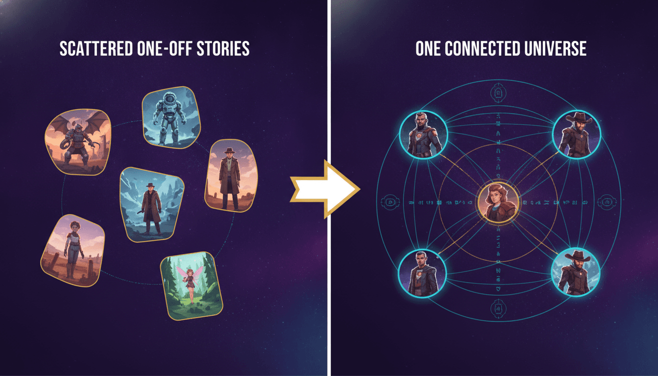 Split screen comparing scattered disconnected one-off stories versus one connected story universe sharing the same cast and world
