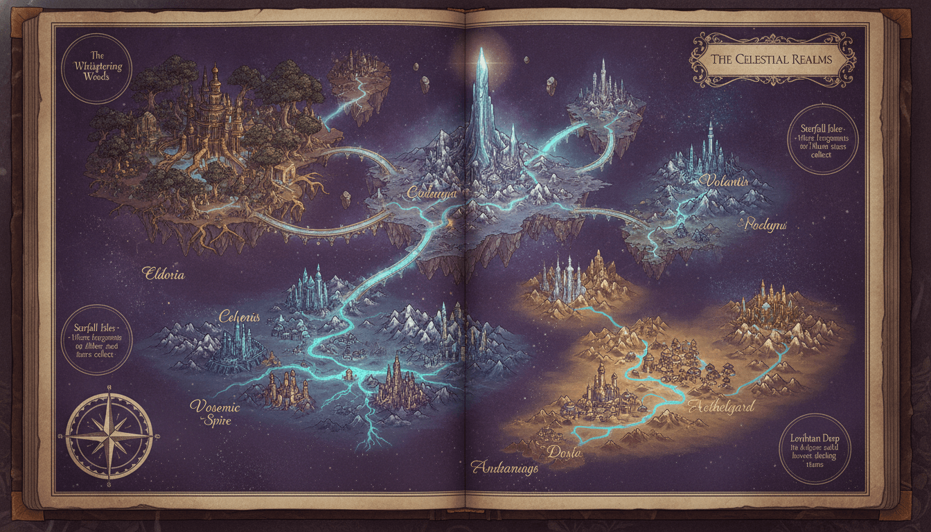 An illustrated map of an imaginary story universe with kingdoms, regions and lore labels