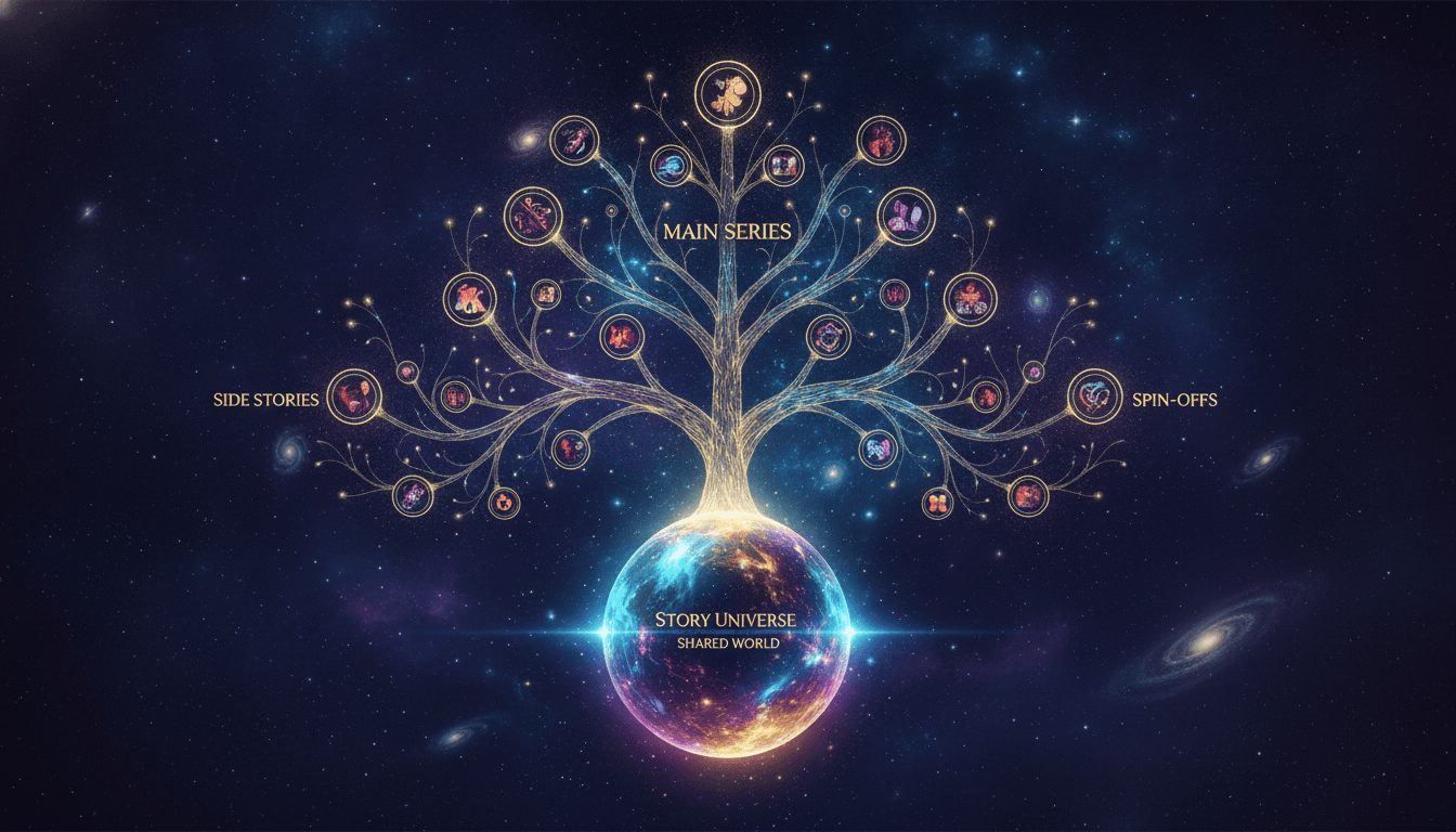 A branching tree of stories growing from one central story universe — a main series, spin-offs and side stories
