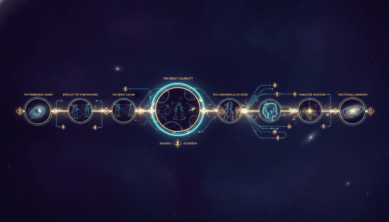 A luminous canon timeline of a whole story universe with story nodes and character milestones
