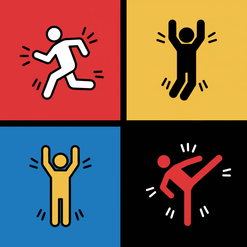 A two-by-two grid showing the whole palette of the style — a flat red panel with a white figure running, a flat yellow panel with a solid black figure leaping with both arms up, a flat blue panel with a yellow figure reaching both arms overhead, and a solid black panel with a red figure kicking one leg high — every figure a faceless pictogram with a thick outline, and the stroke marks around the figure on the black panel drawn in white instead of black
