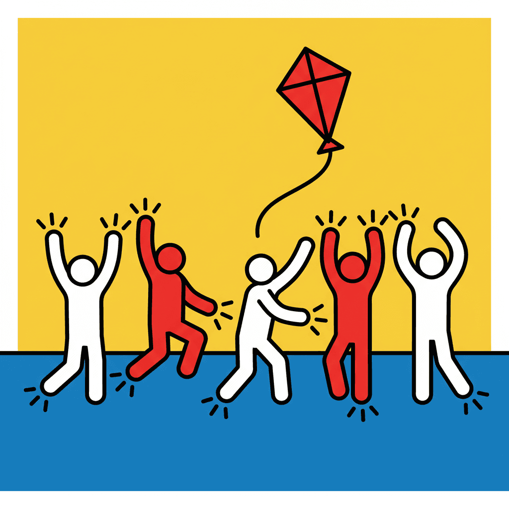 Five pictogram figures in alternating white and red, each a thick black outline with a plain featureless head, standing on a solid blue band and reaching up into a flat yellow field above — one with both arms straight up, one leaning with one arm raised, one stepping forward with an arm lifted, one stretching both arms overhead and one with its arms curved up — while a flat red diamond kite on a thin black string floats in the yellow above them