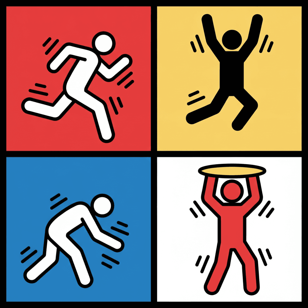 A two-by-two grid of four panels in flat red, yellow, blue and white, each holding one faceless pictogram figure with a thick black outline doing something different: a white figure running flat out on red, a solid black figure leaping with both arms up on yellow, a white figure bending right over to reach the ground on blue, and a red figure holding a flat yellow disc above its head on white, with short black stroke marks around each