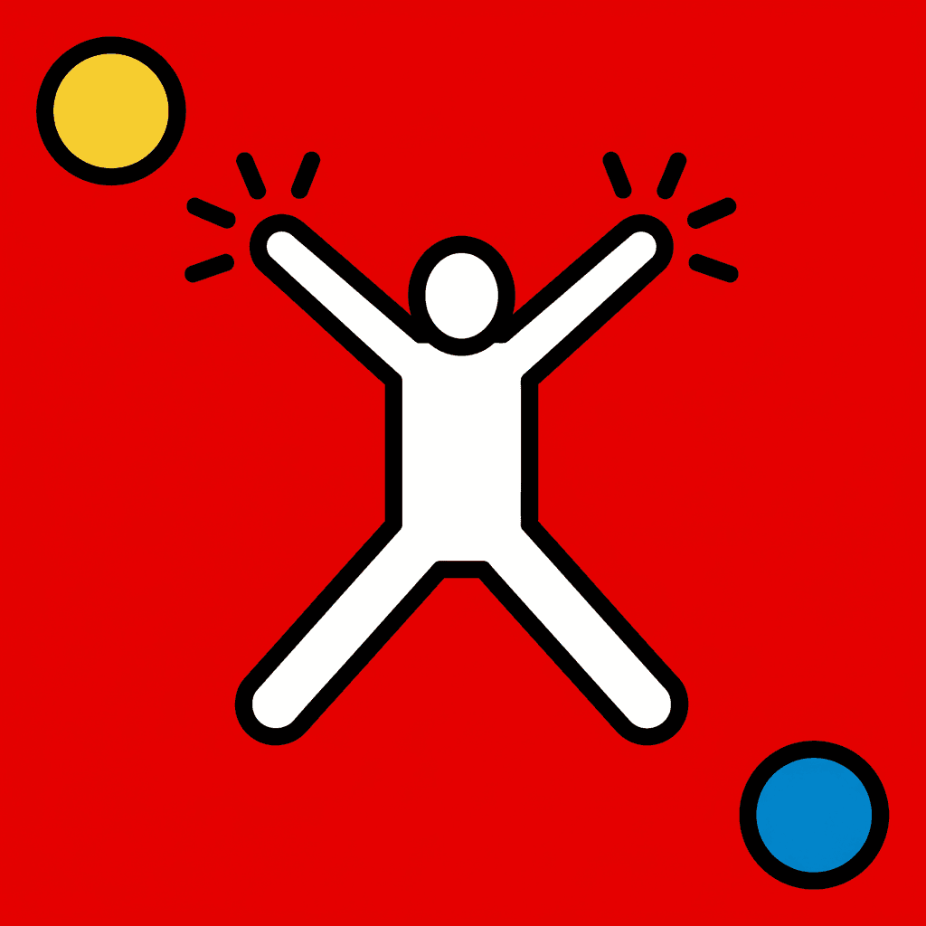 One large white pictogram figure with a thick black outline centred on a flat bright red square, caught mid-leap in a wide star shape with both arms flung up and out and both legs split far apart, its head a plain oval with no features, short black stroke marks radiating from each hand, with a flat yellow circle in the top left corner and a flat blue circle in the bottom right