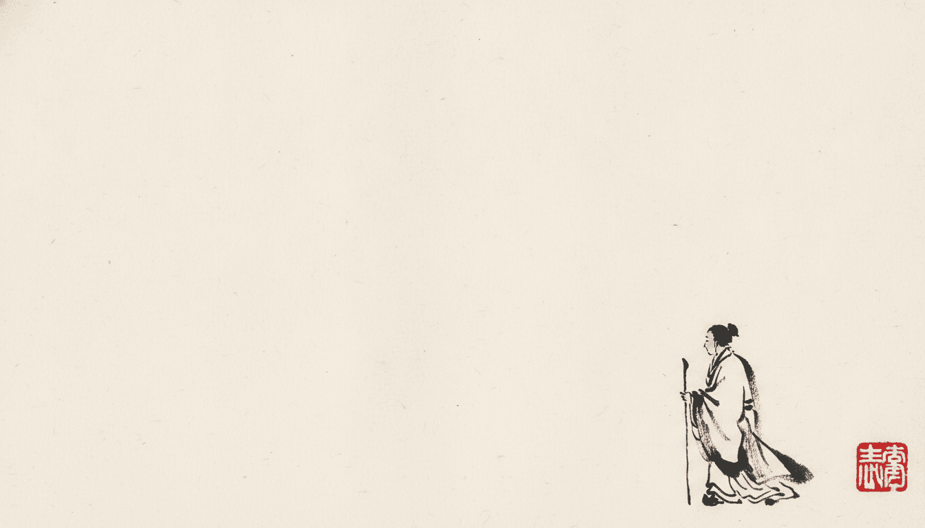 Sumi-e ink wash picture book page of a lone robed figure walking along the bottom edge of the page, the upper two-thirds left as bare rice paper, with a single red seal mark