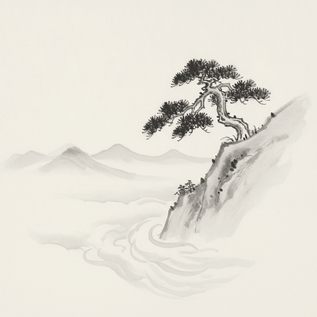 Square sumi-e illustration of a lone pine on a cliff edge above mist, where the mist is nothing but untouched bare paper