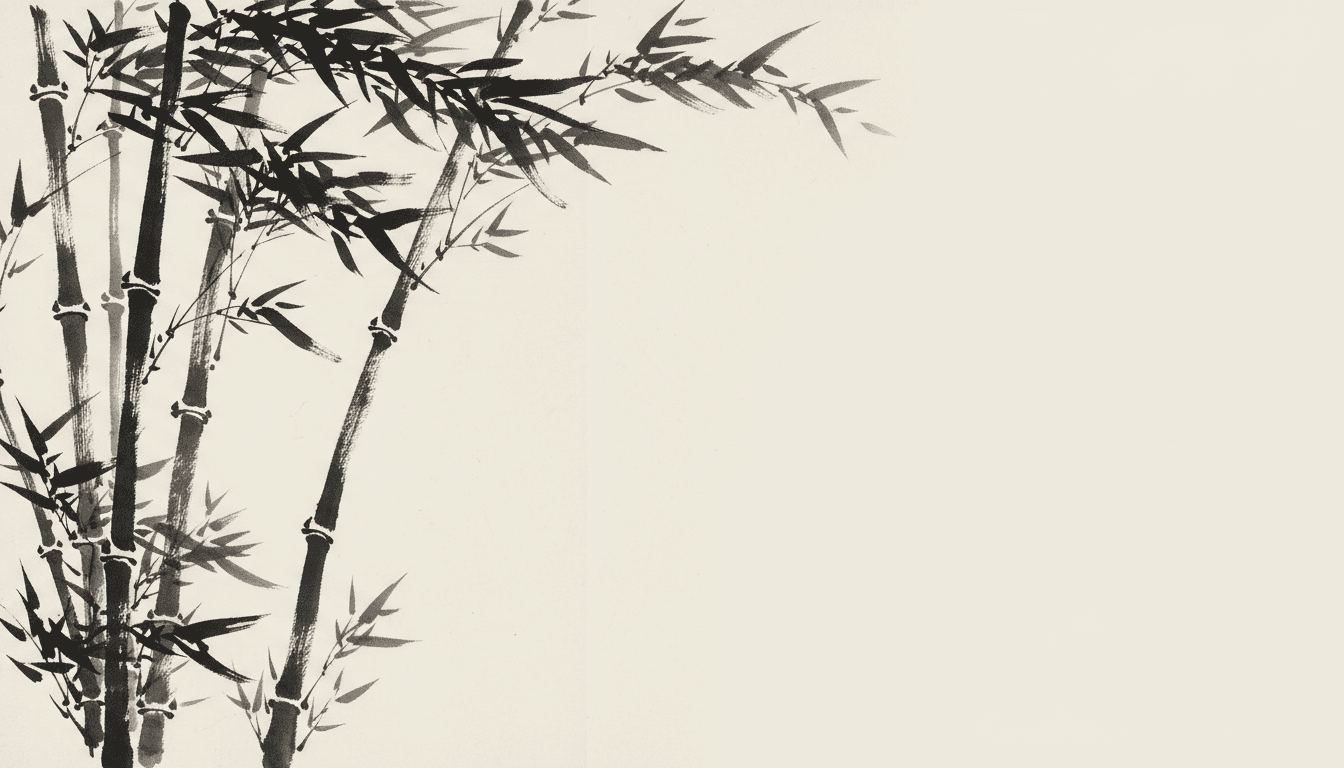 Ink wash picture book page of bamboo bending in wind, each stalk a single top-to-bottom brushstroke with dry-brush streaks of bare paper breaking through