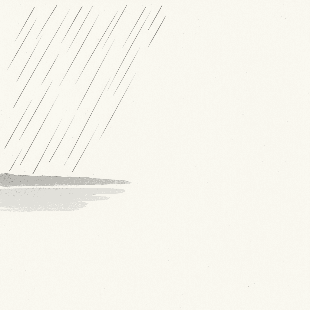 Square ink wash illustration of rain over a pond, shown as a dozen slanting dark strokes against bare paper with one pale grey wash for the water