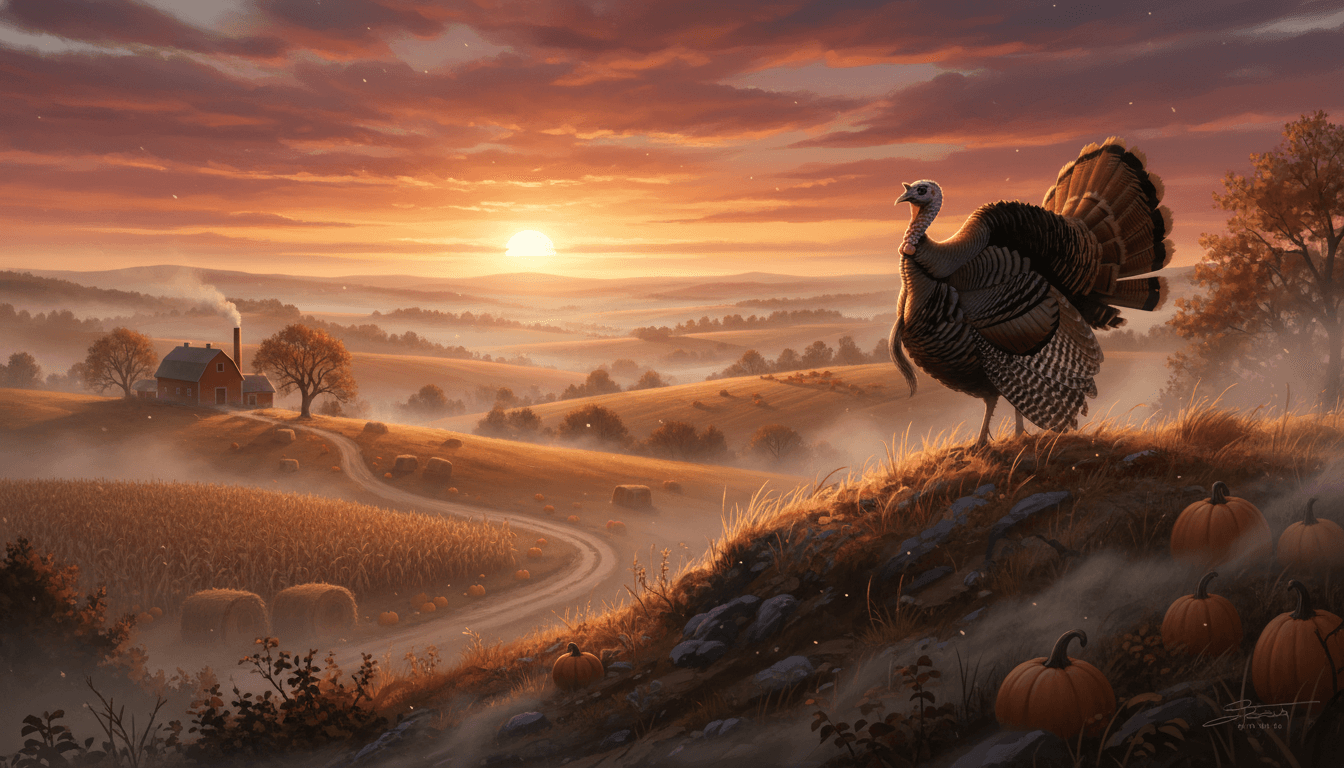 Cinematic style a lone turkey on a misty autumn hilltop at golden hour overlooking a harvest valley