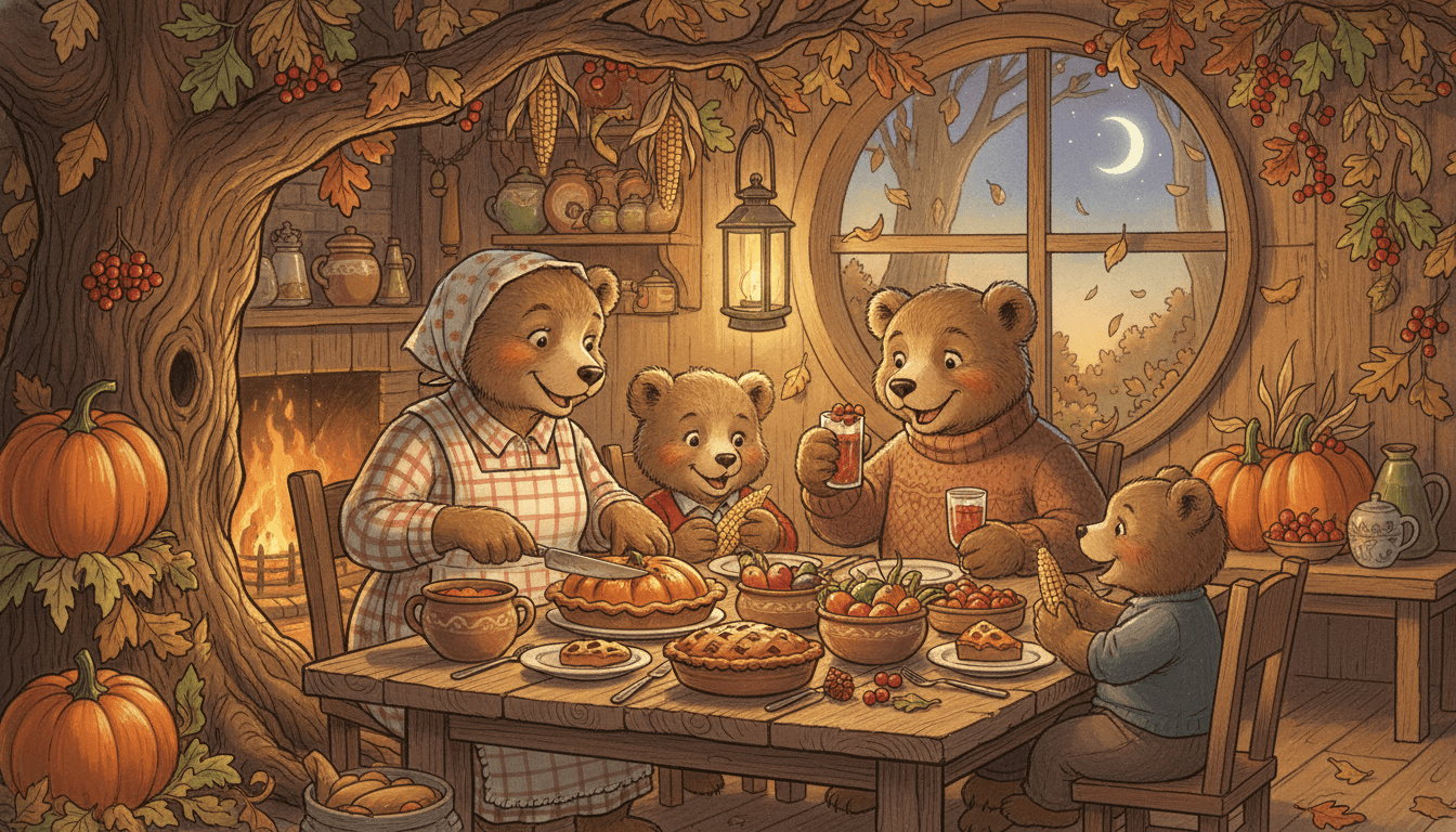 Classic storybook style a family of bears celebrating a thanksgiving harvest dinner in a cozy treehouse