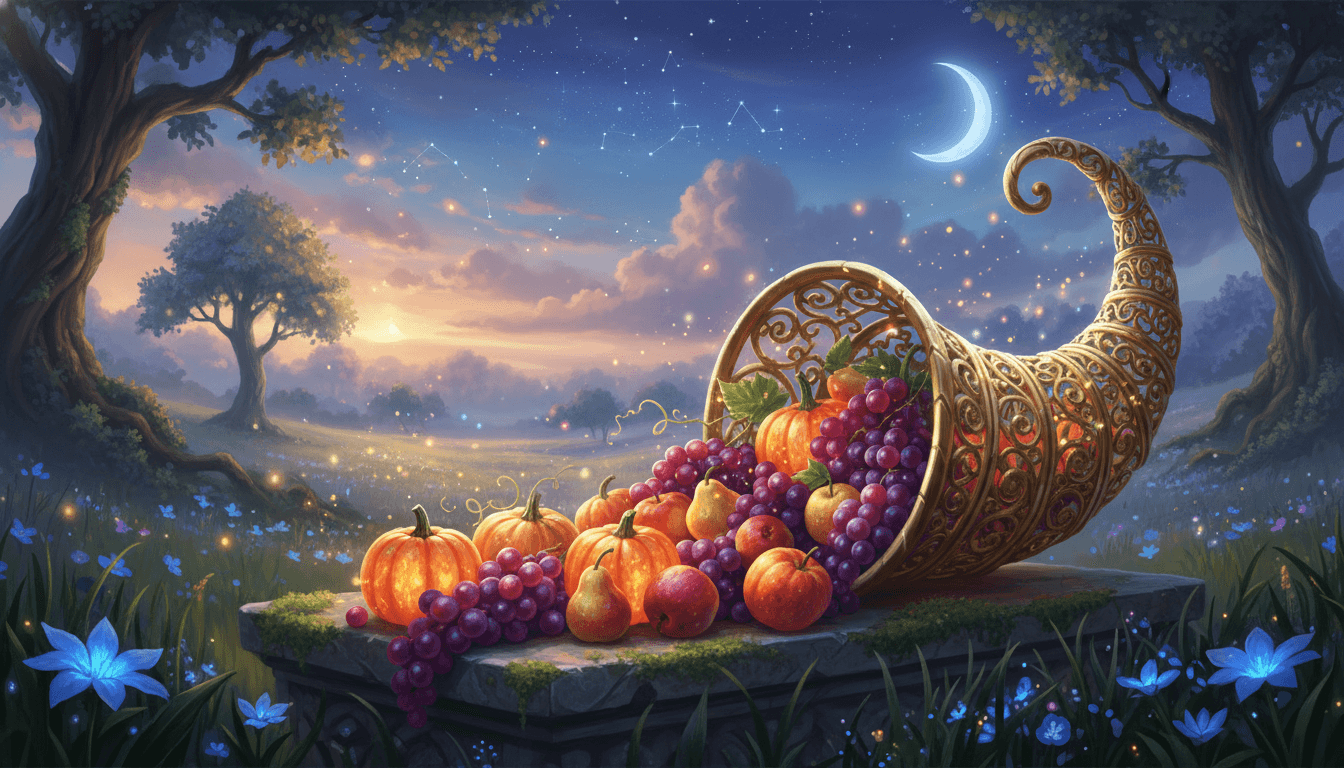 Fantasy art style a magical golden cornucopia overflowing with glowing pumpkins and autumn fruit