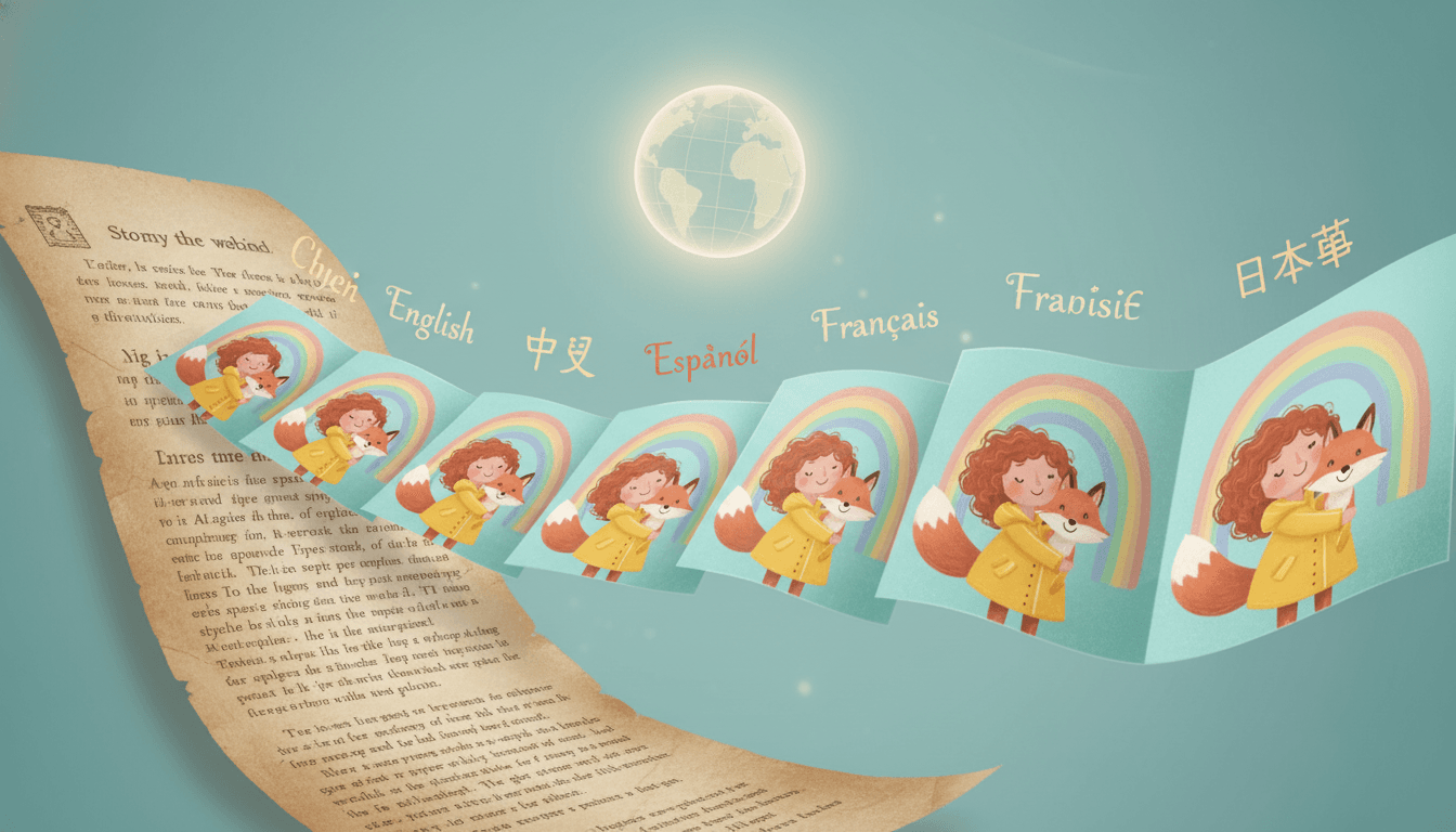 A story manuscript transforming into illustrated picture-book spreads in many languages — English, Chinese, Spanish, French, Arabic, Hindi, Japanese