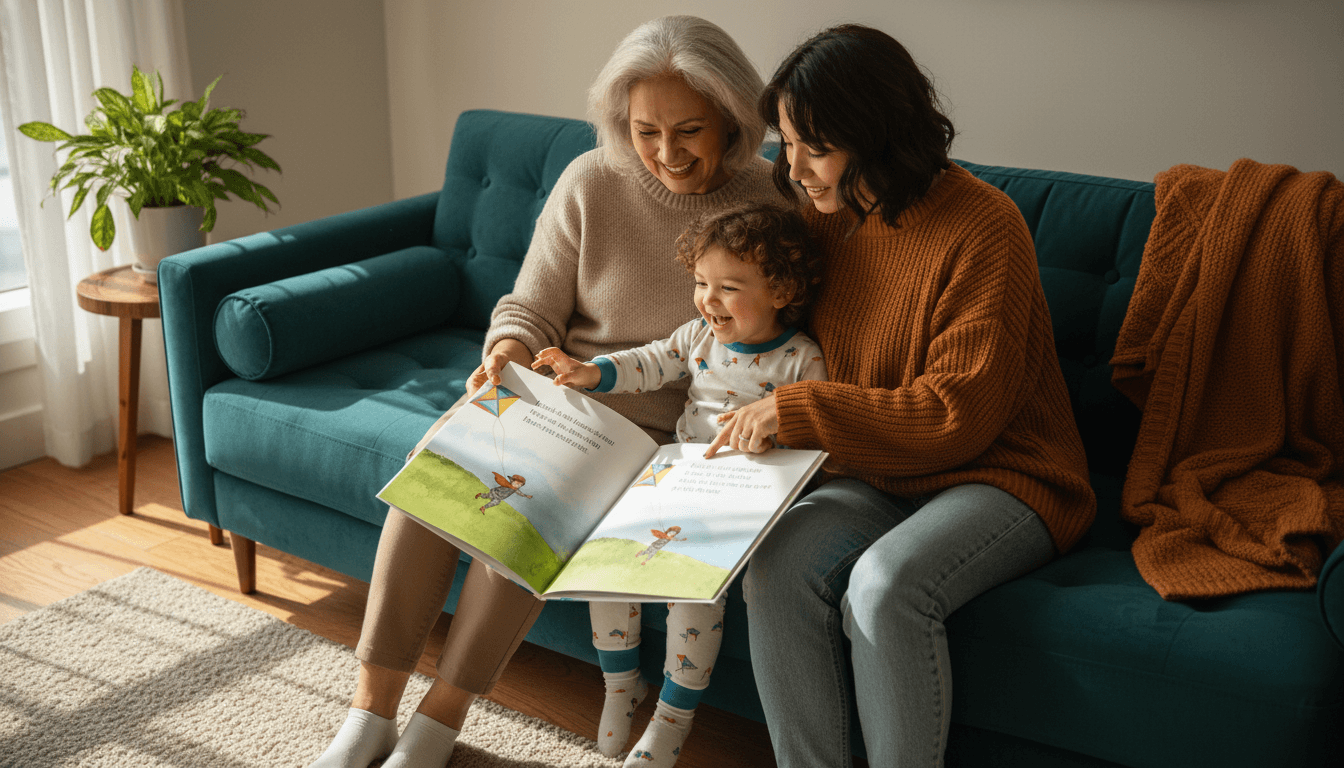Heritage-language family reading a bilingual illustrated picture book together