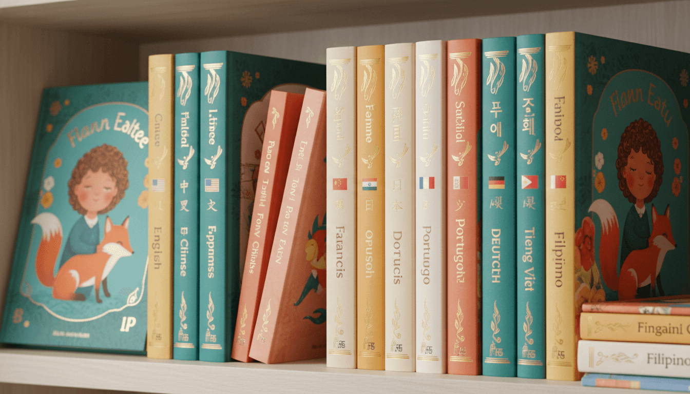 Bookshelf of multilingual illustrated picture books — same book in 12 languages