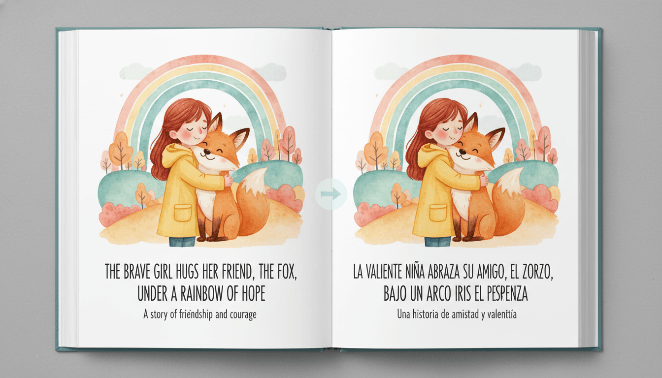 Side-by-side bilingual picture book spread — English on left, Spanish on right, same watercolor illustration on both pages