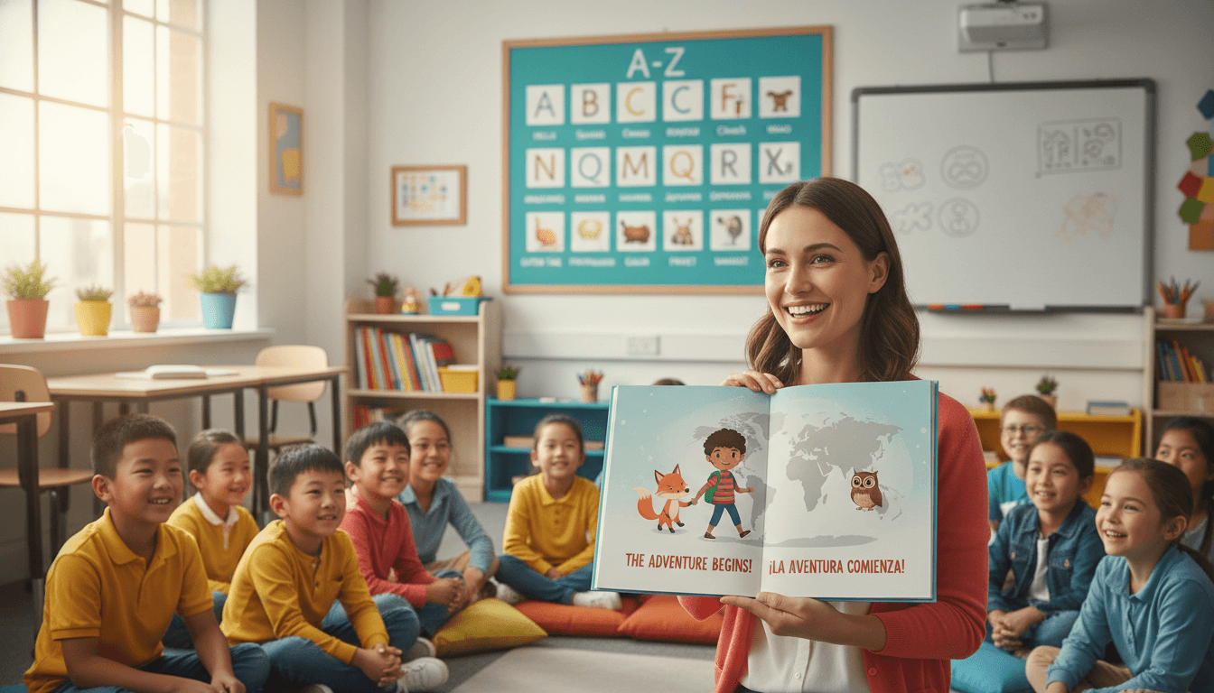 ESL classroom teacher reading a multilingual illustrated picture book to students