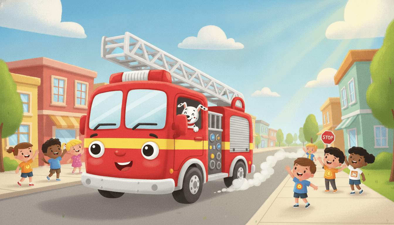A smiling red fire truck with a dalmatian racing down a sunny small-town street in an AI-generated vehicle story