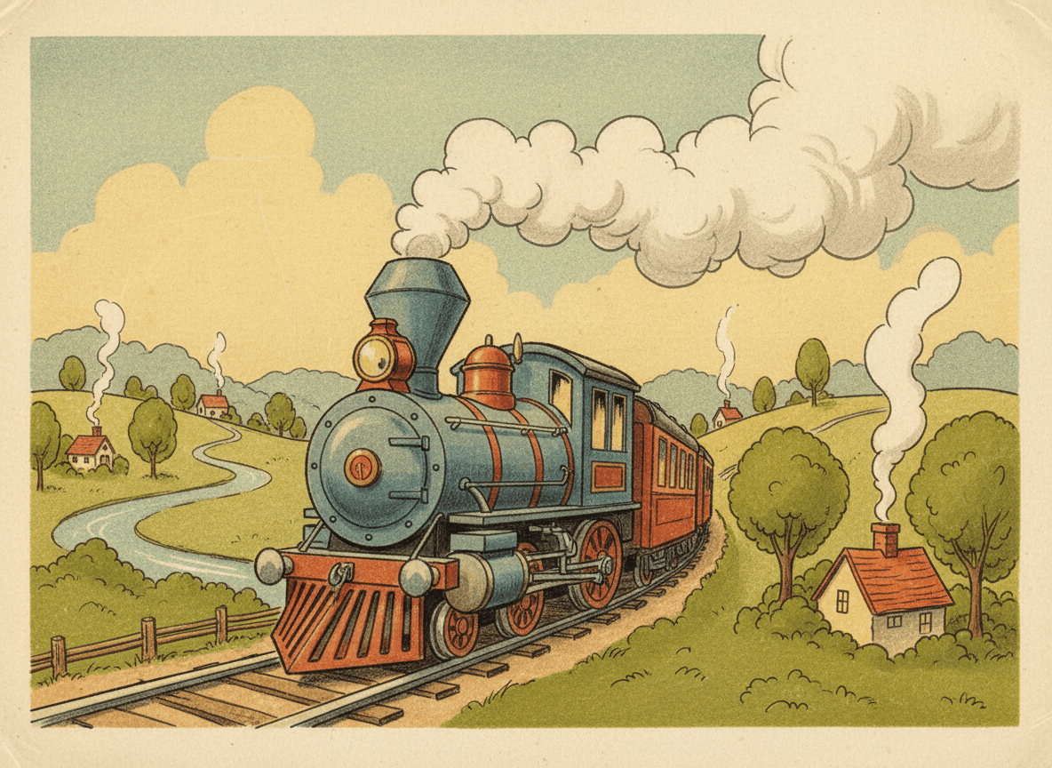 Classic storybook style illustration of a little steam train in the countryside