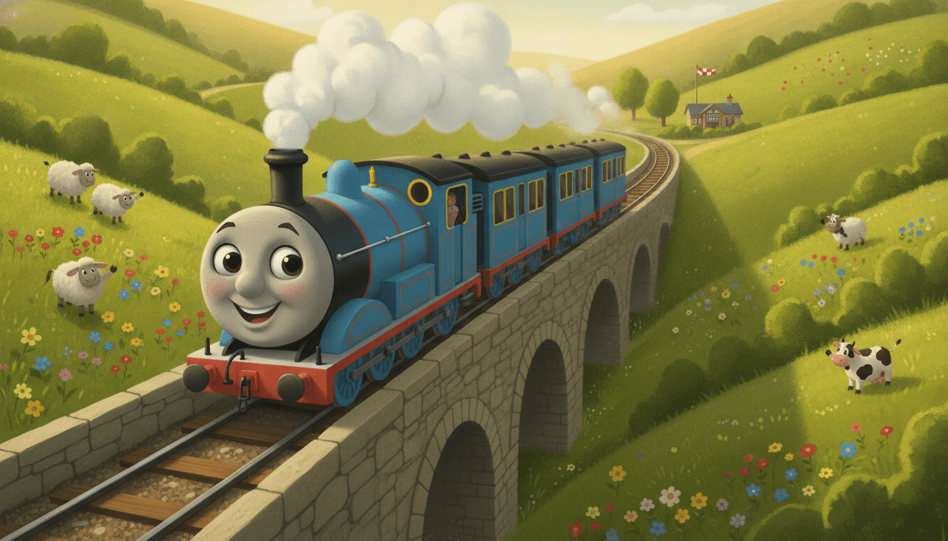 A happy little blue steam train chugging over a stone bridge across a green valley with waving farm animals