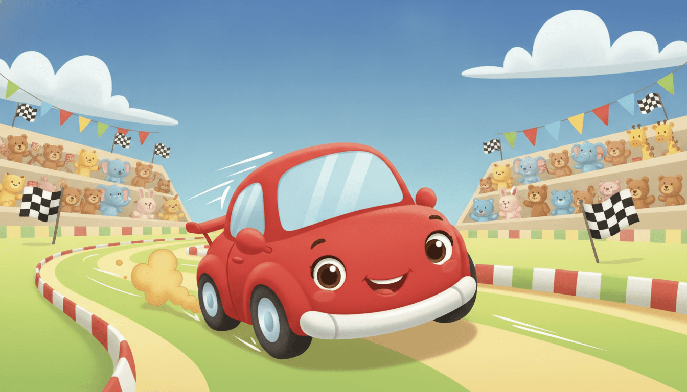 A cute red race car zooming around a friendly racetrack with checkered flags and cheering spectators