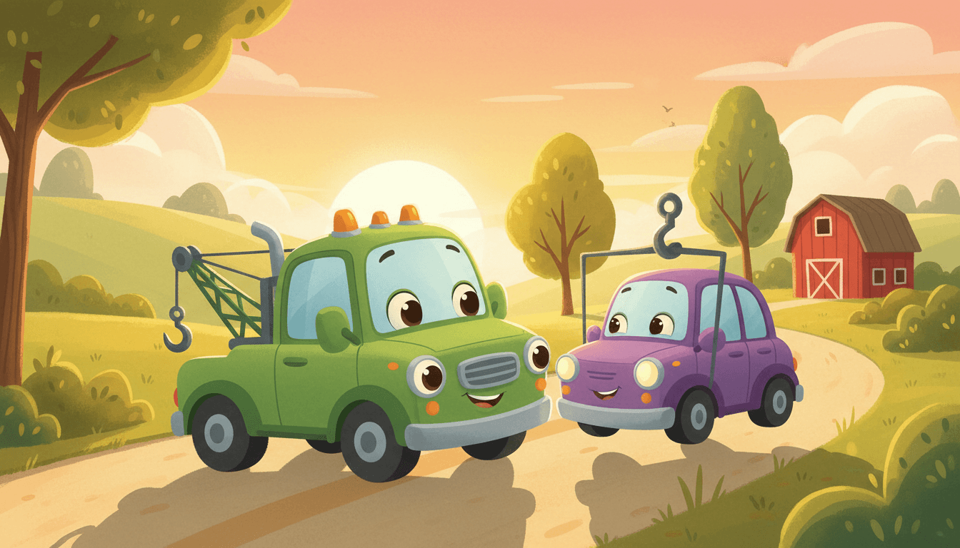 A kind green tow truck helping a broken-down little purple car on a country road at sunset