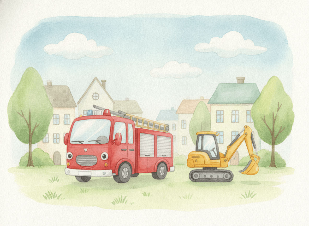 Watercolor style vehicle story illustration of a fire truck and a digger