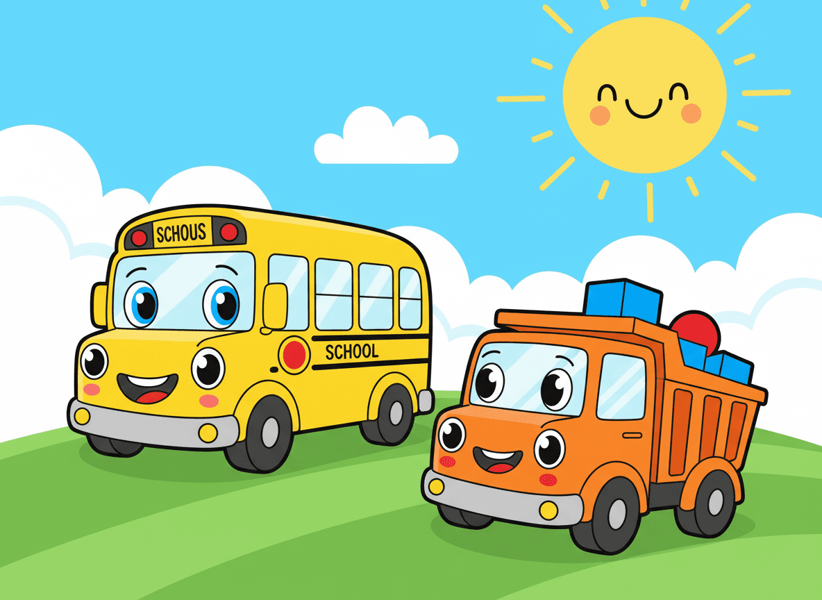 Cartoon style vehicle story illustration of a yellow school bus and a dump truck