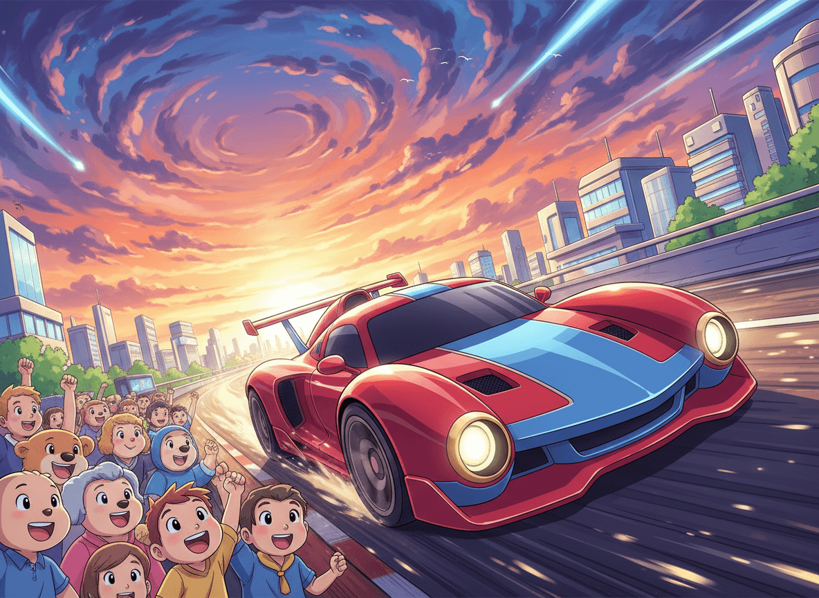 Anime style vehicle story illustration of a sleek race car speeding