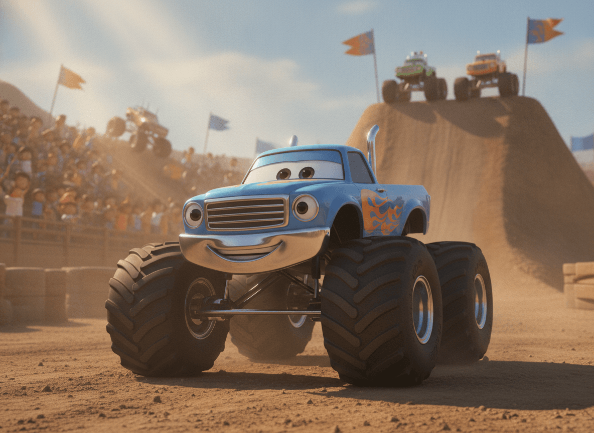 Cinematic 3D style vehicle story illustration of a friendly monster truck
