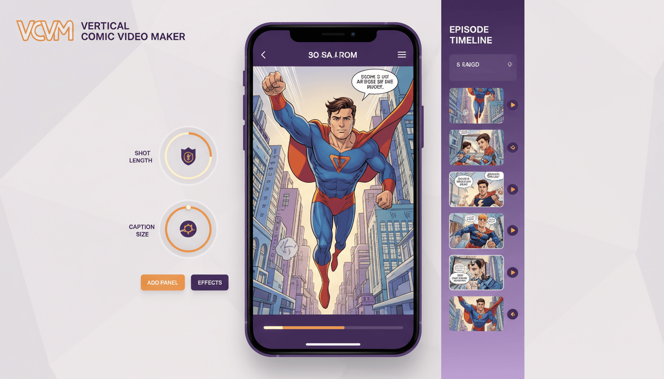 Vertical comic video maker interface with a tall 9:16 phone frame playing a full-colour comic panel, shot length and caption size controls beside it and a vertical episode timeline down the right edge