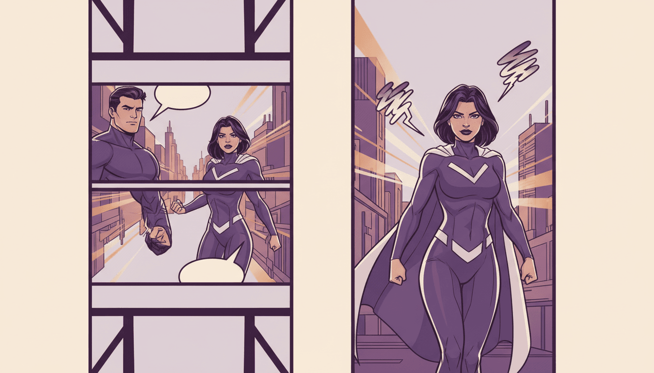 Side-by-side comparison showing a widescreen comic frame squeezed into a narrow column with both characters cut off at the edges, next to the same scene re-staged tall with one character framed close and centred