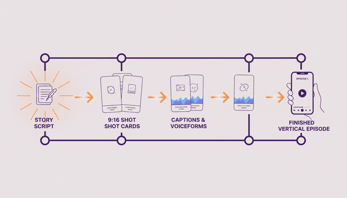 A pipeline diagram showing a story script, then tall 9:16 shot cards composed vertically, then the same cards with large captions and voice waveforms, then a finished playing vertical episode